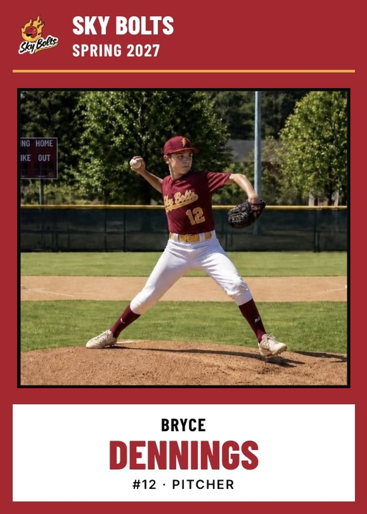 Sky Bolts trading card, Bryce Dennings, Spring 2027