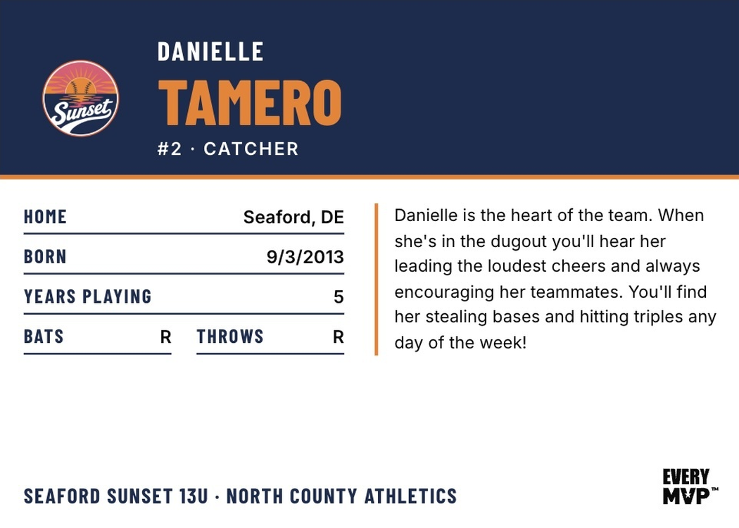 Seaford Sunset 13U player back, Danielle Tamero